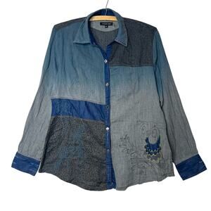 Como No Size XL Blue Ombre Denim Embroidered Button Up Shirt Patchwork Owl